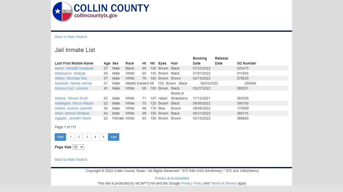 Jail Inmate List - Collin County